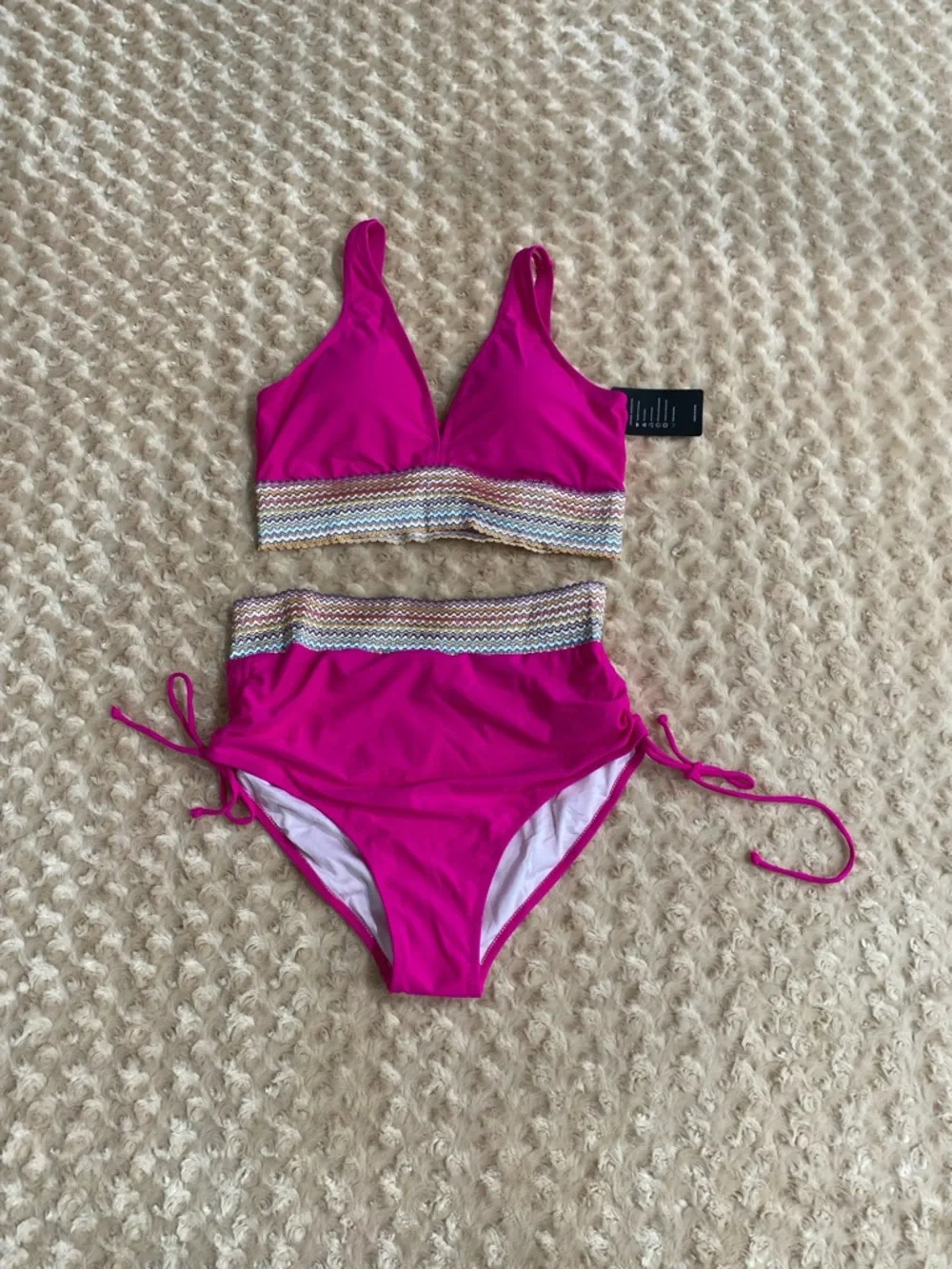 New Women Large Hot pink high-waisted two-piece bikini set featuring a V-neck